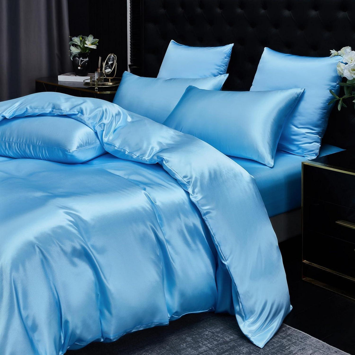 Satin Bettwäsche Set 135x200 Hellblau – Deluxe Weich & Glänzend