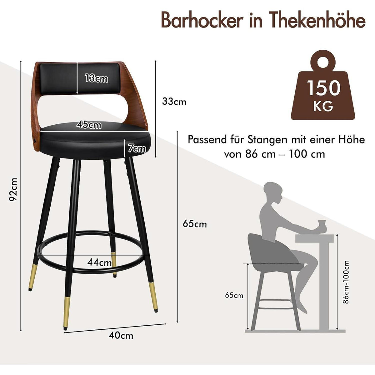 Moderner Barhocker-Set (2x) – 65cm Küchenhöhe, Schwarz