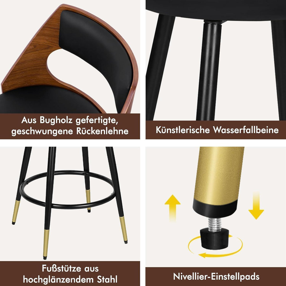 Moderner Barhocker-Set (2x) – 65cm Küchenhöhe, Schwarz