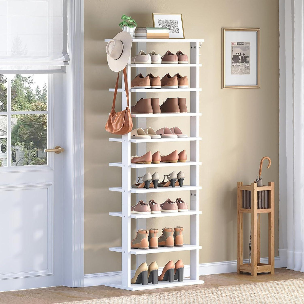 Schuhregal 10-stufig schmal mit Haken, Weiß
