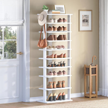 Schuhregal 10-stufig schmal mit Haken, Weiß