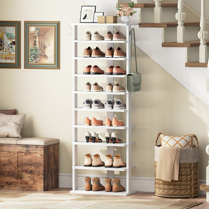 Schuhregal 10-stufig schmal mit Haken, Weiß