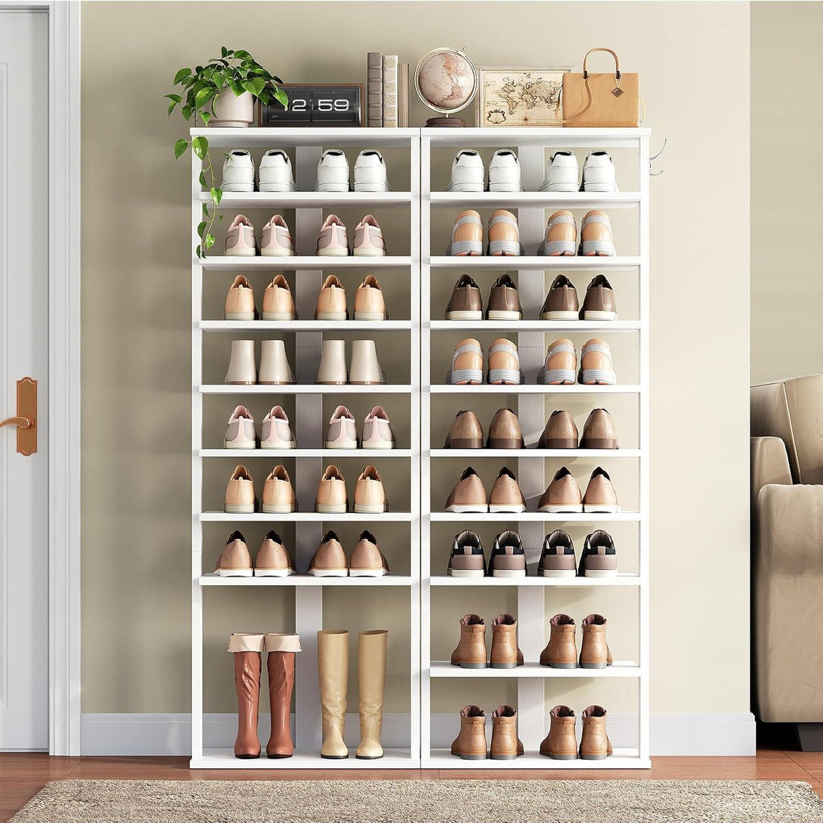 Schuhregal 10-stufig schmal mit Haken, Weiß