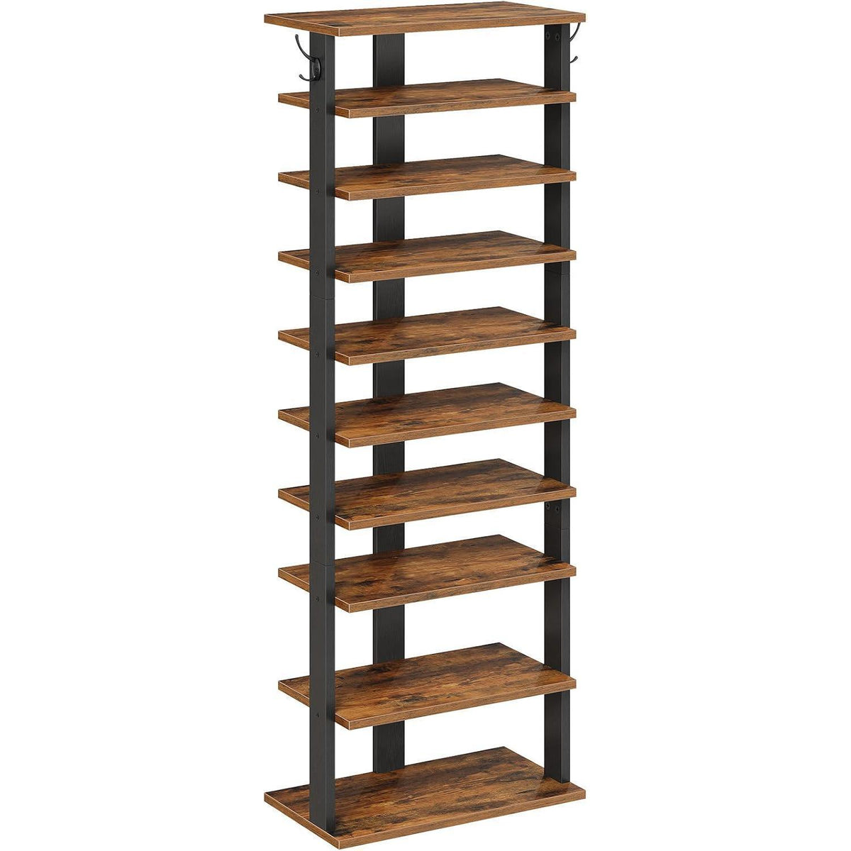 Schuhregal 10-stufig schmal mit Haken, rustikales Braun