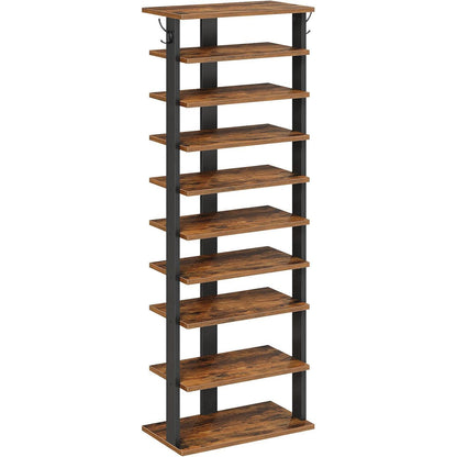 Schuhregal 10-stufig schmal mit Haken, rustikales Braun