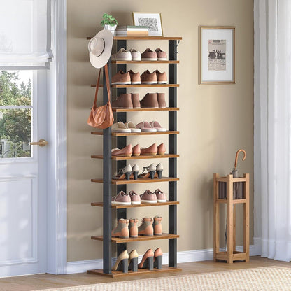 Schuhregal 10-stufig schmal mit Haken, rustikales Braun
