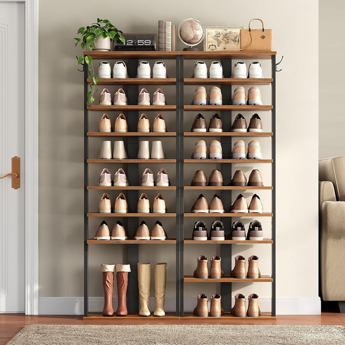 Schuhregal 10-stufig schmal mit Haken, rustikales Braun