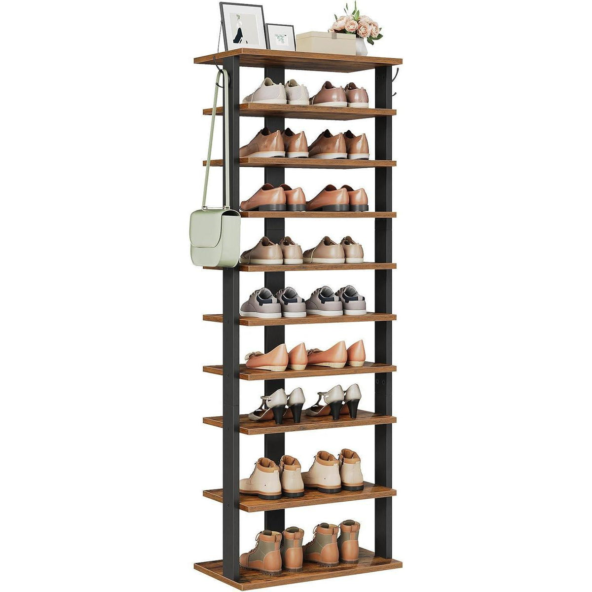 Schuhregal 10-stufig schmal mit Haken, rustikales Braun