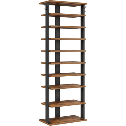 Schuhregal 10-stufig schmal mit Haken, rustikales Braun