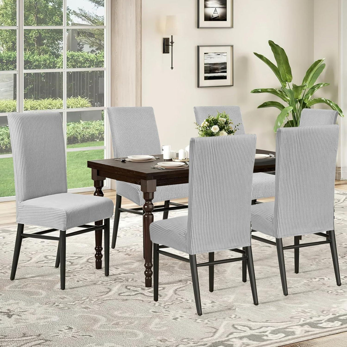 Stuhlhussen 6er Set Stretch Kurzflor Hellgrau