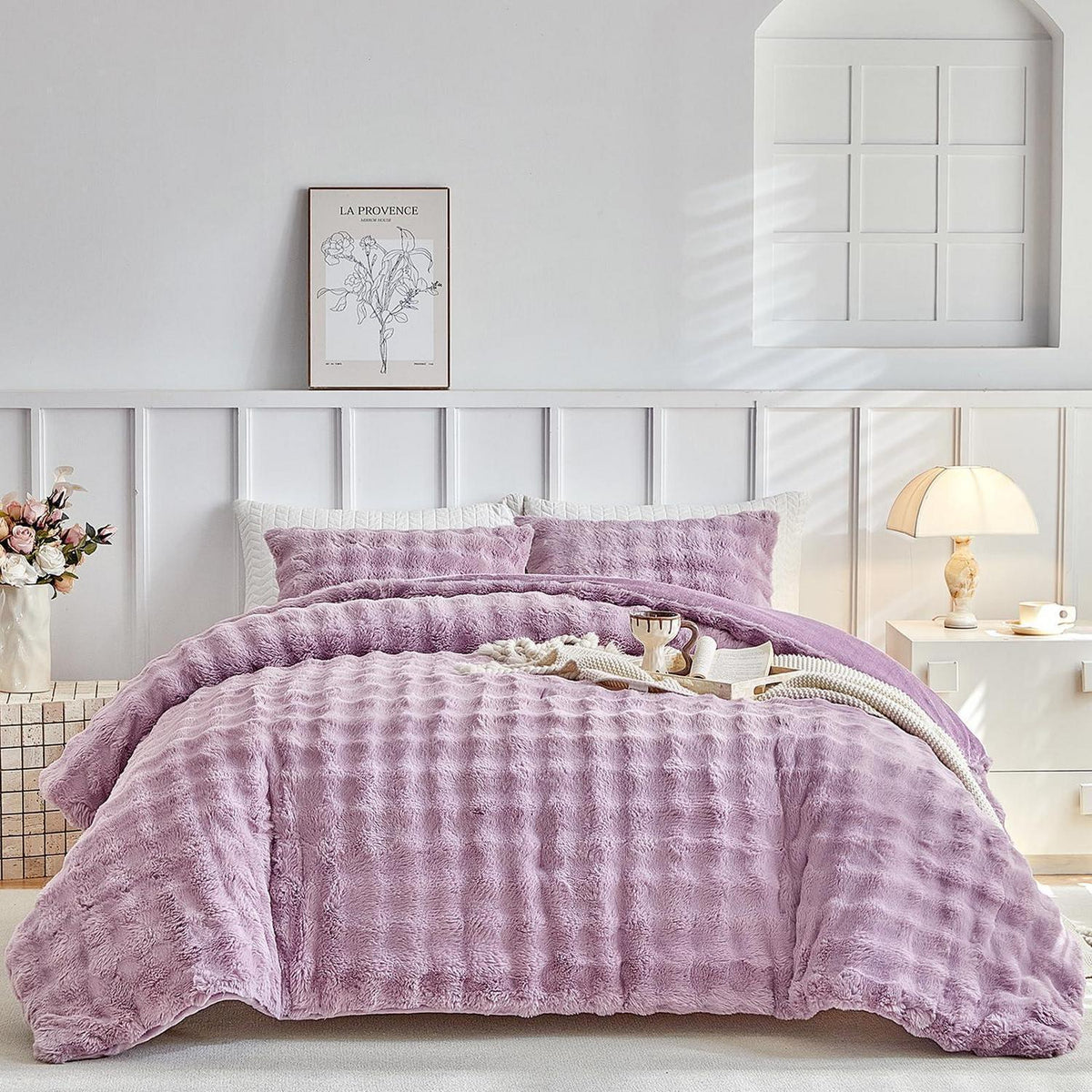 Flauschiges King-Size Bettwäsche-Set Violett, Zottel Kunstfell