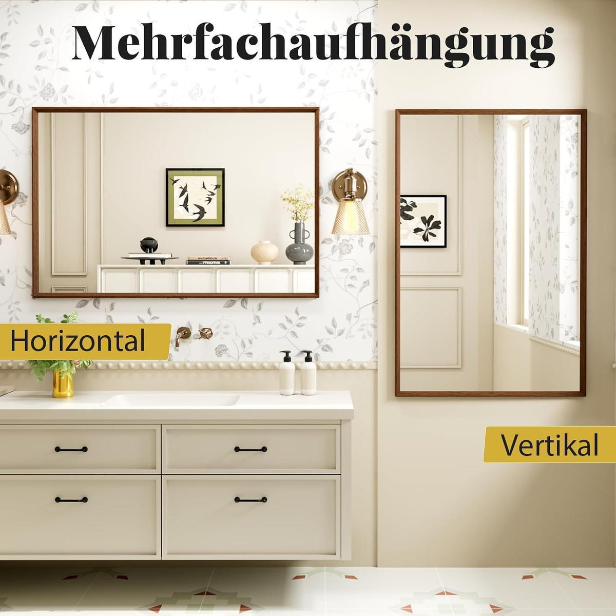 Badezimmerspiegel 56x76cm Braun Holzoptik | Sicherheitsglas & Montagezubehör