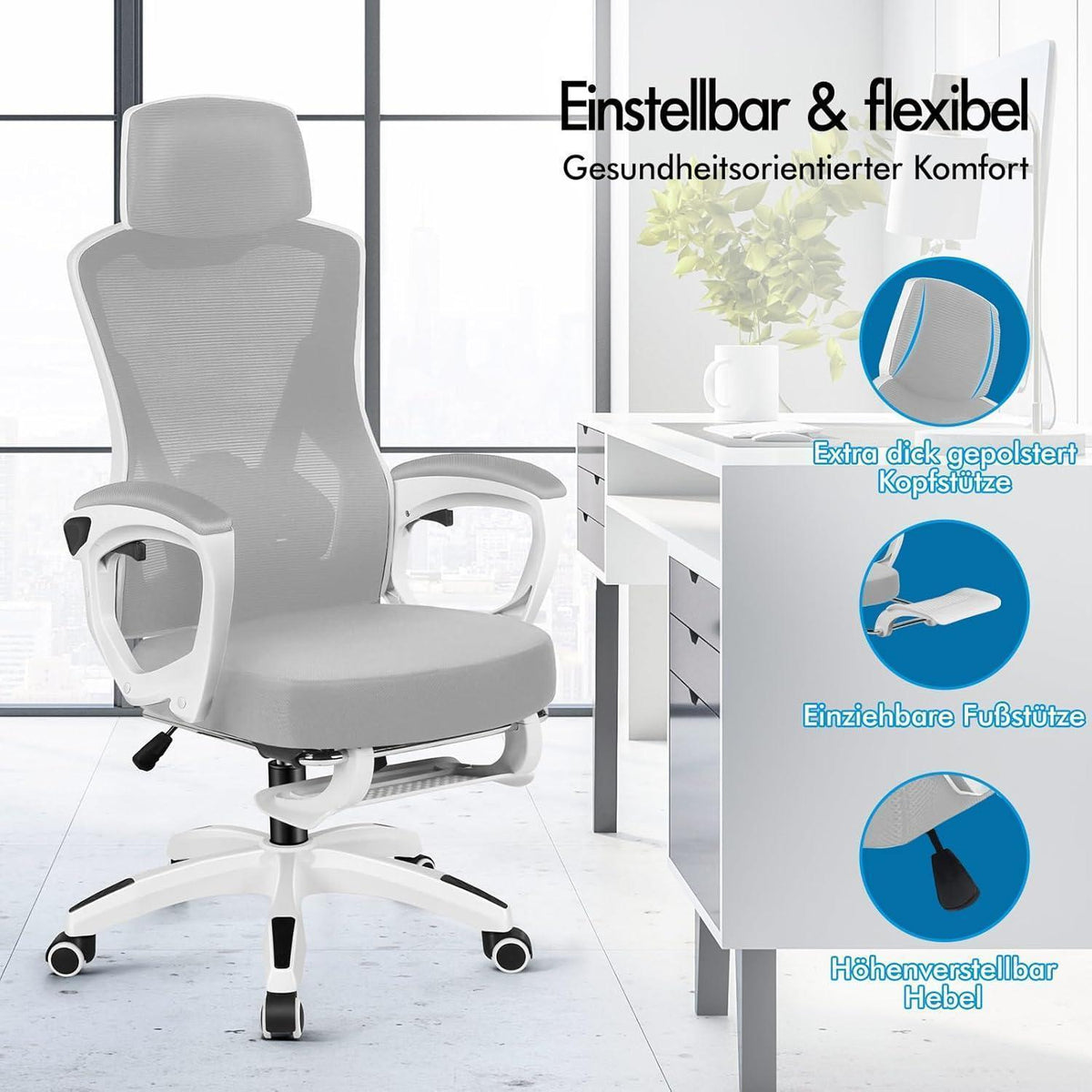 Ergonomischer Bürostuhl mit Lendenstütze, Weiß & Grau