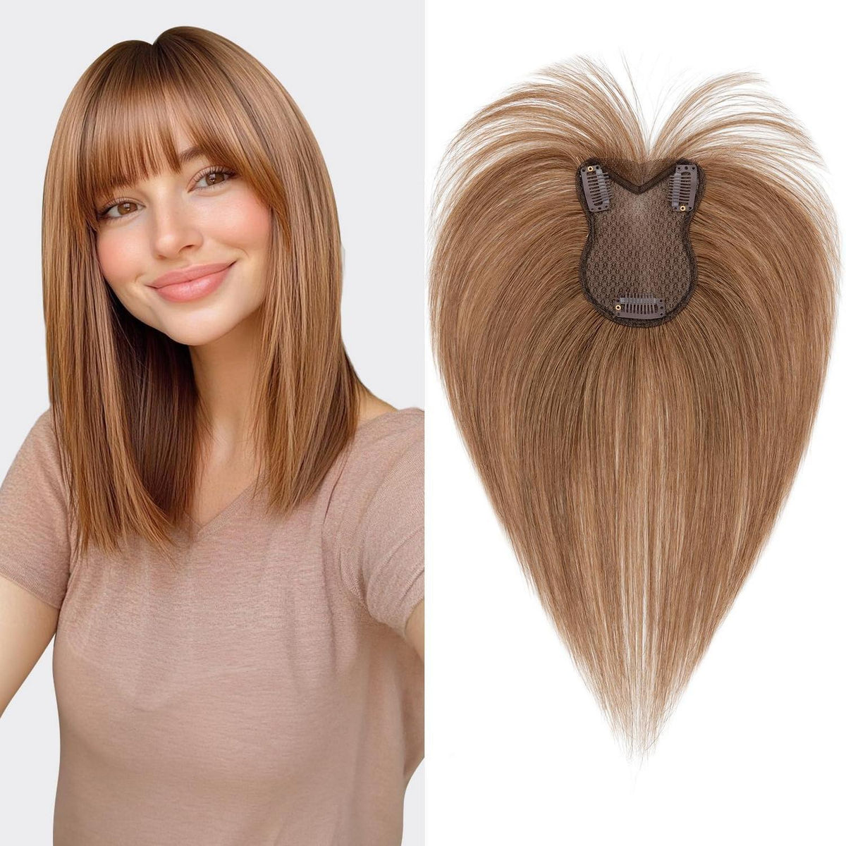 Echthaar Topper mit Pony – Hellbraun, 21g