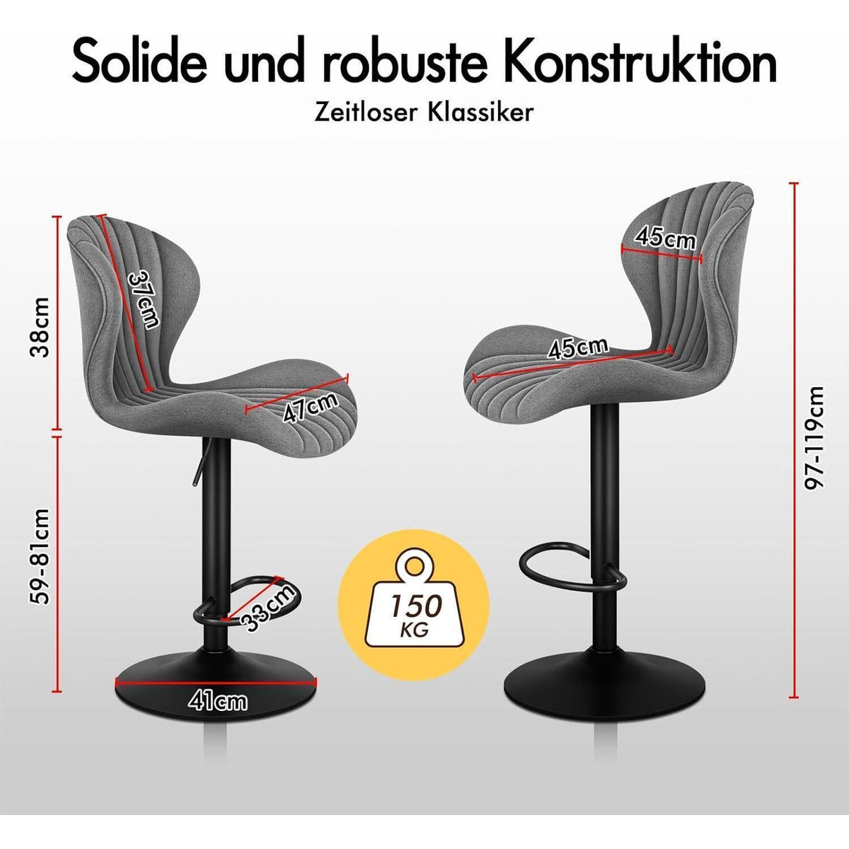 Barhocker Set 2-teilig, Grau, Höhenverstellbar & Schwenkbar