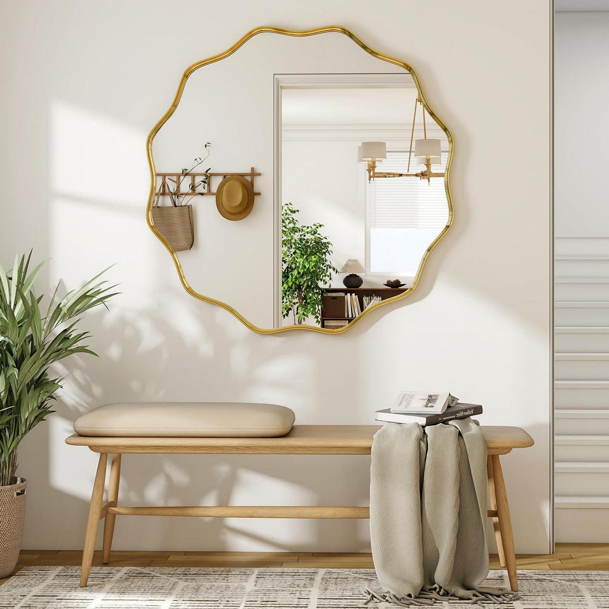 Runder Wandspiegel 90cm mit Goldrahmen & Wellenkante