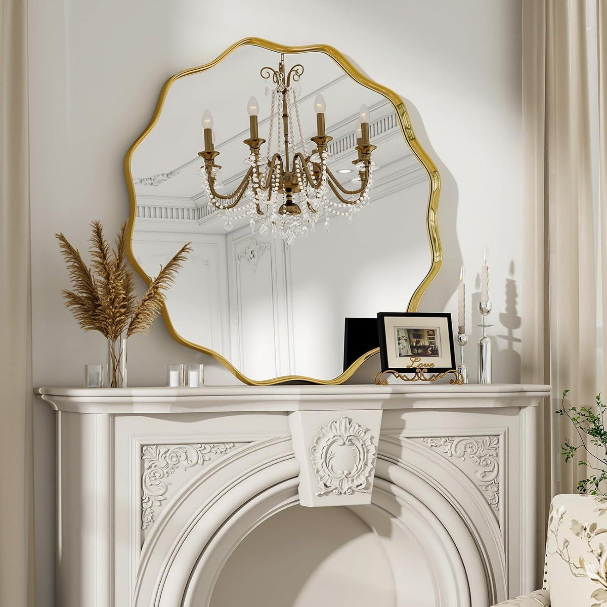 Runder Wandspiegel 90cm mit Goldrahmen & Wellenkante