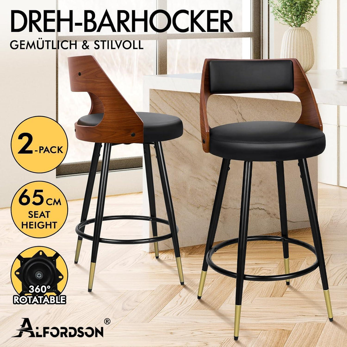 Barhocker Set 2x, Schwenkbar, 65cm Sitzhöhe, Schwarz