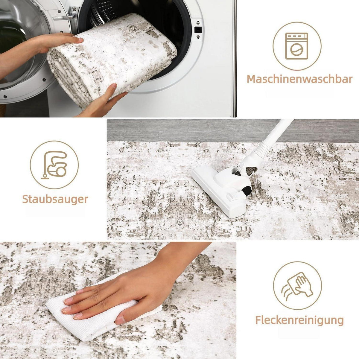 Abstrakter Teppich 200x290 cm – Beige Kurzflor, Waschbar & Rutschfest