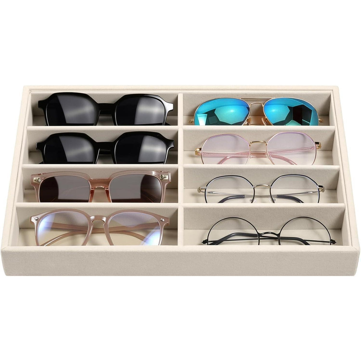 Brillen Organizer mit 8 Fächern, Samt Schmuckschale, stapelbar, beige