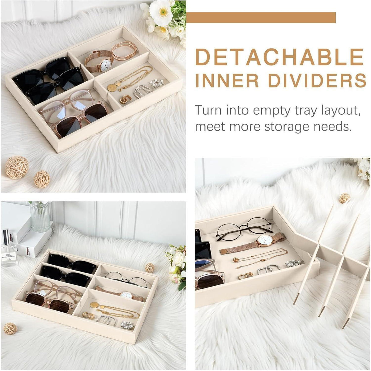 Brillen Organizer mit 8 Fächern, Samt Schmuckschale, stapelbar, beige