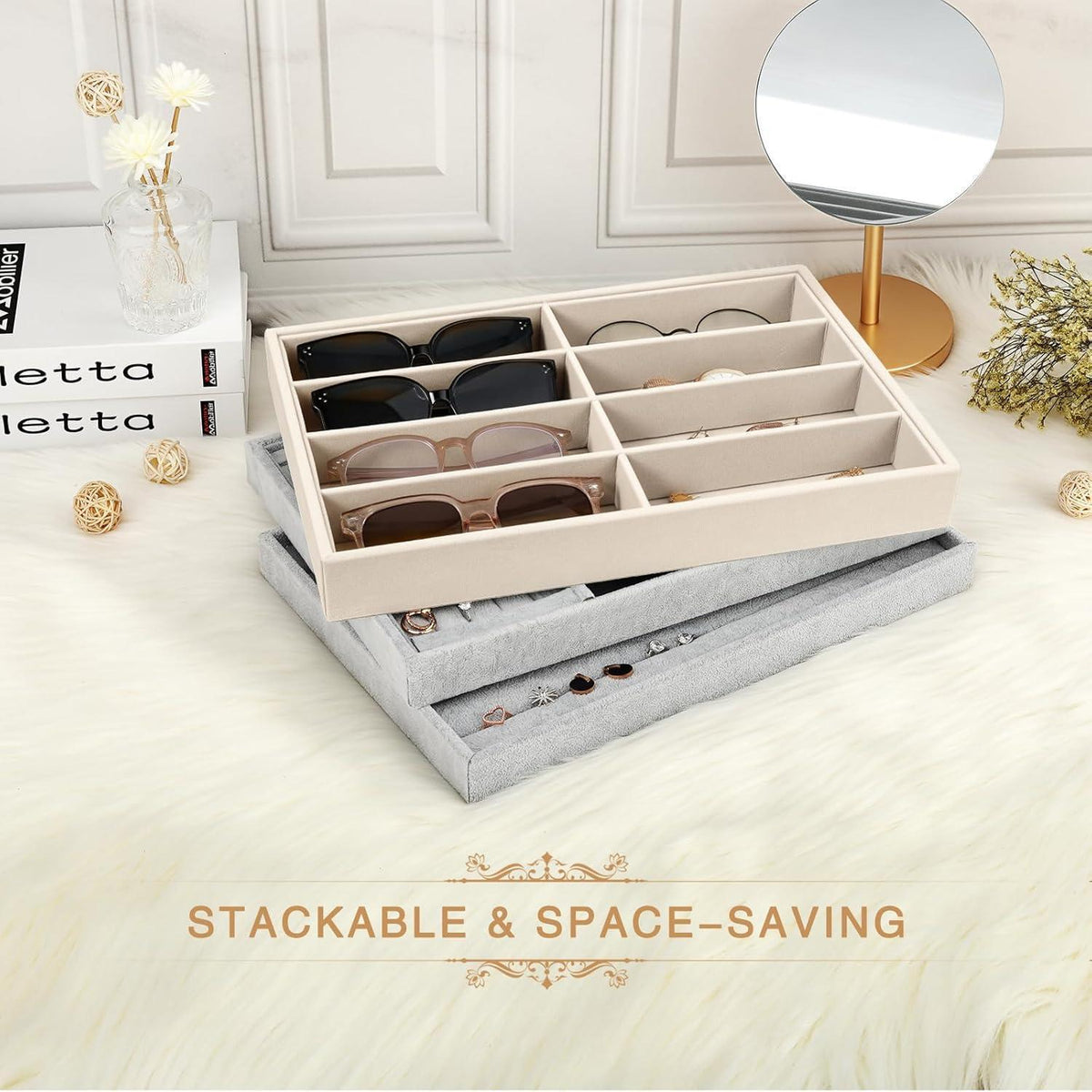 Brillen Organizer mit 8 Fächern, Samt Schmuckschale, stapelbar, beige