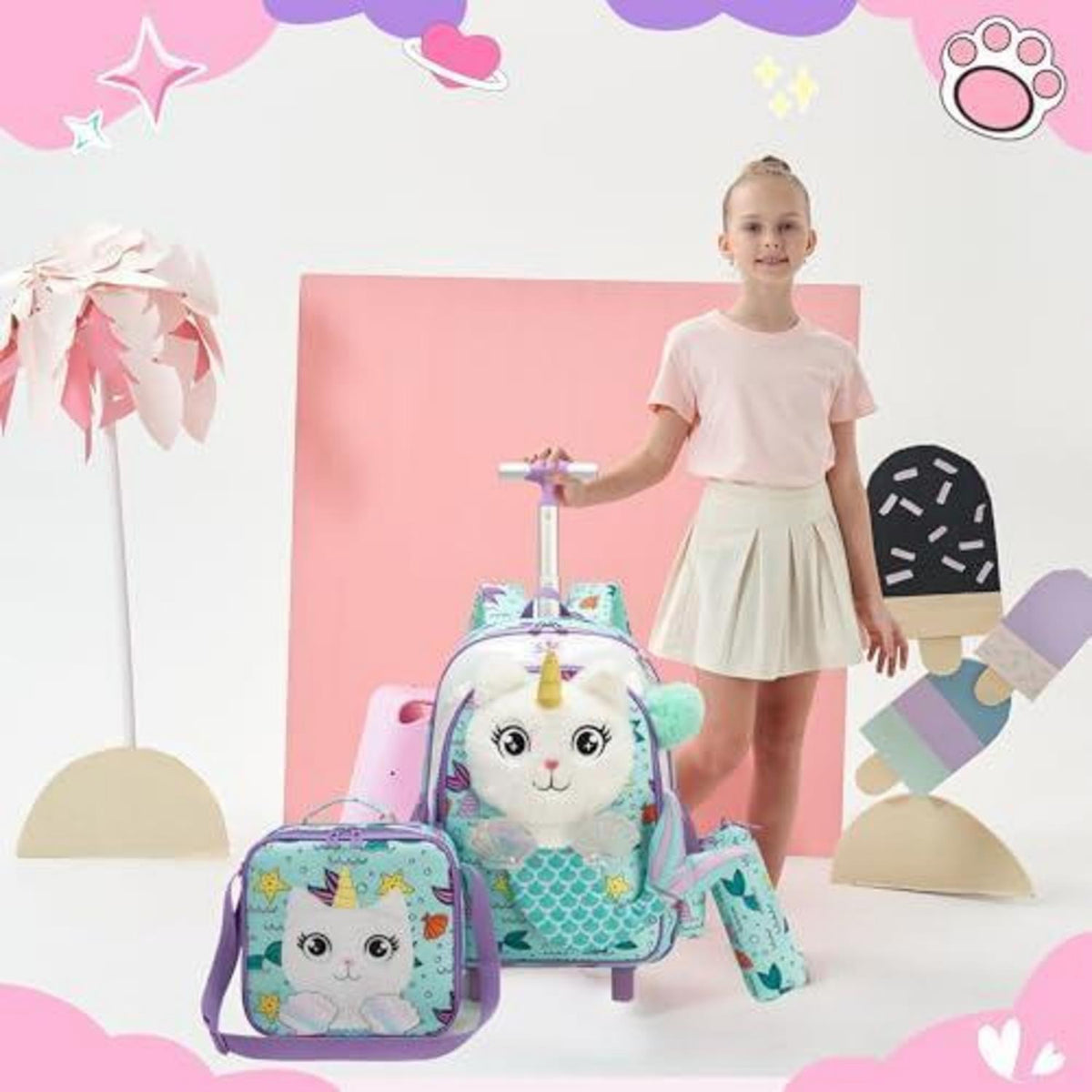 Schulranzen mit Rollen für Mädchen – 3-teiliges Set mit Snackbeutel