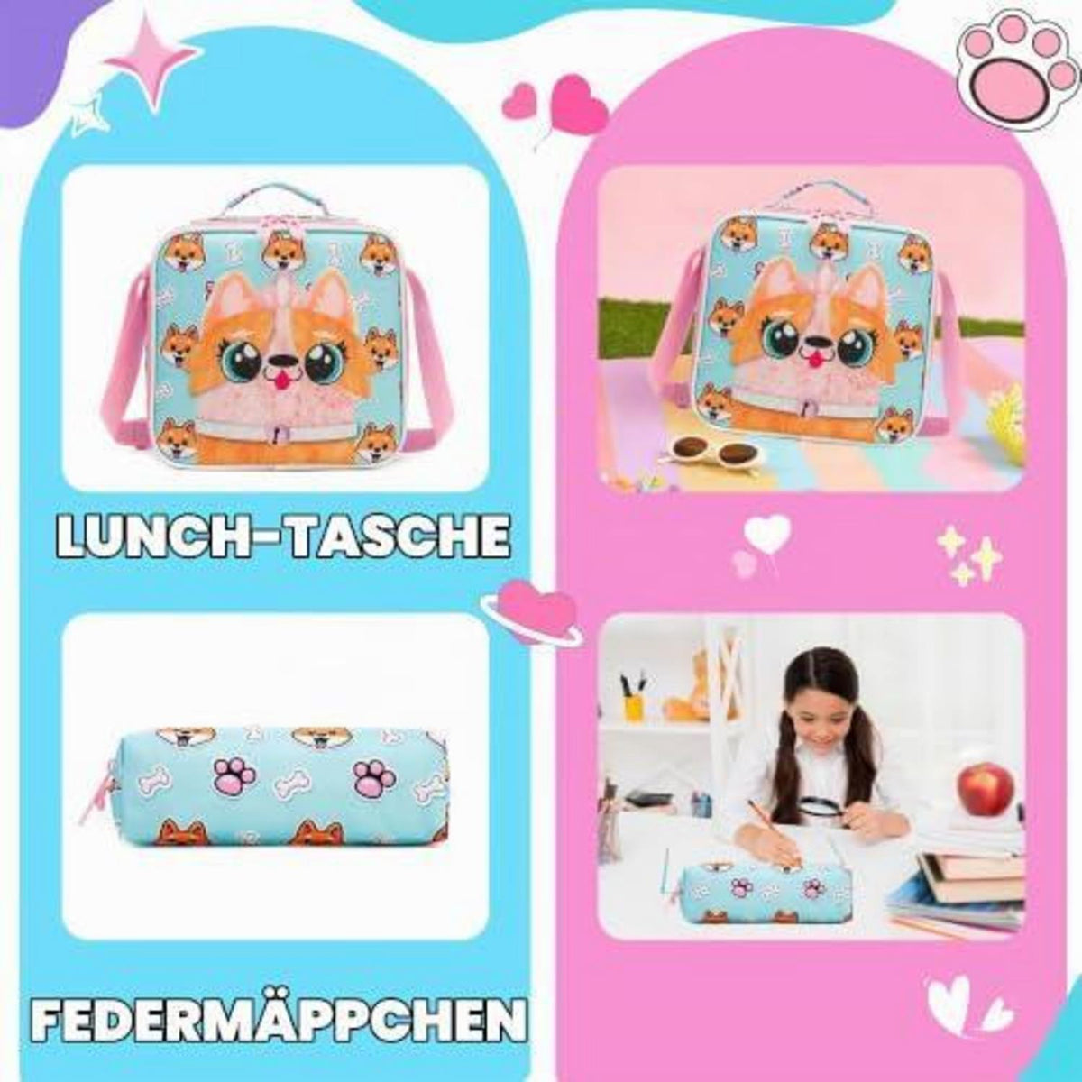 Schulranzen mit Rollen für Mädchen – 3-teiliges Set