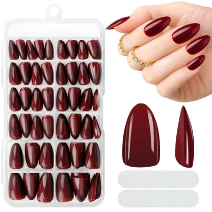 240 Press On Nails Mandel Kurz Weinrot – 10 Größen Falsche Nägel