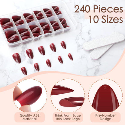 240 Press On Nails Mandel Kurz Weinrot – 10 Größen Falsche Nägel