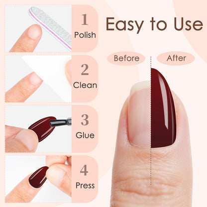 240 Press On Nails Mandel Kurz Weinrot – 10 Größen Falsche Nägel