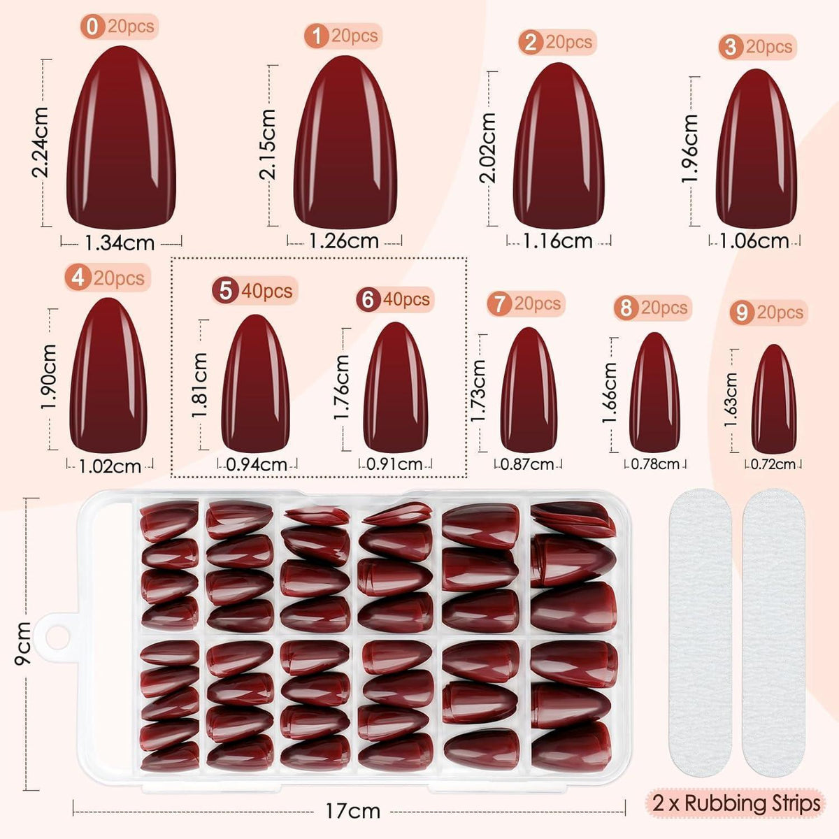 240 Press On Nails Mandel Kurz Weinrot – 10 Größen Falsche Nägel