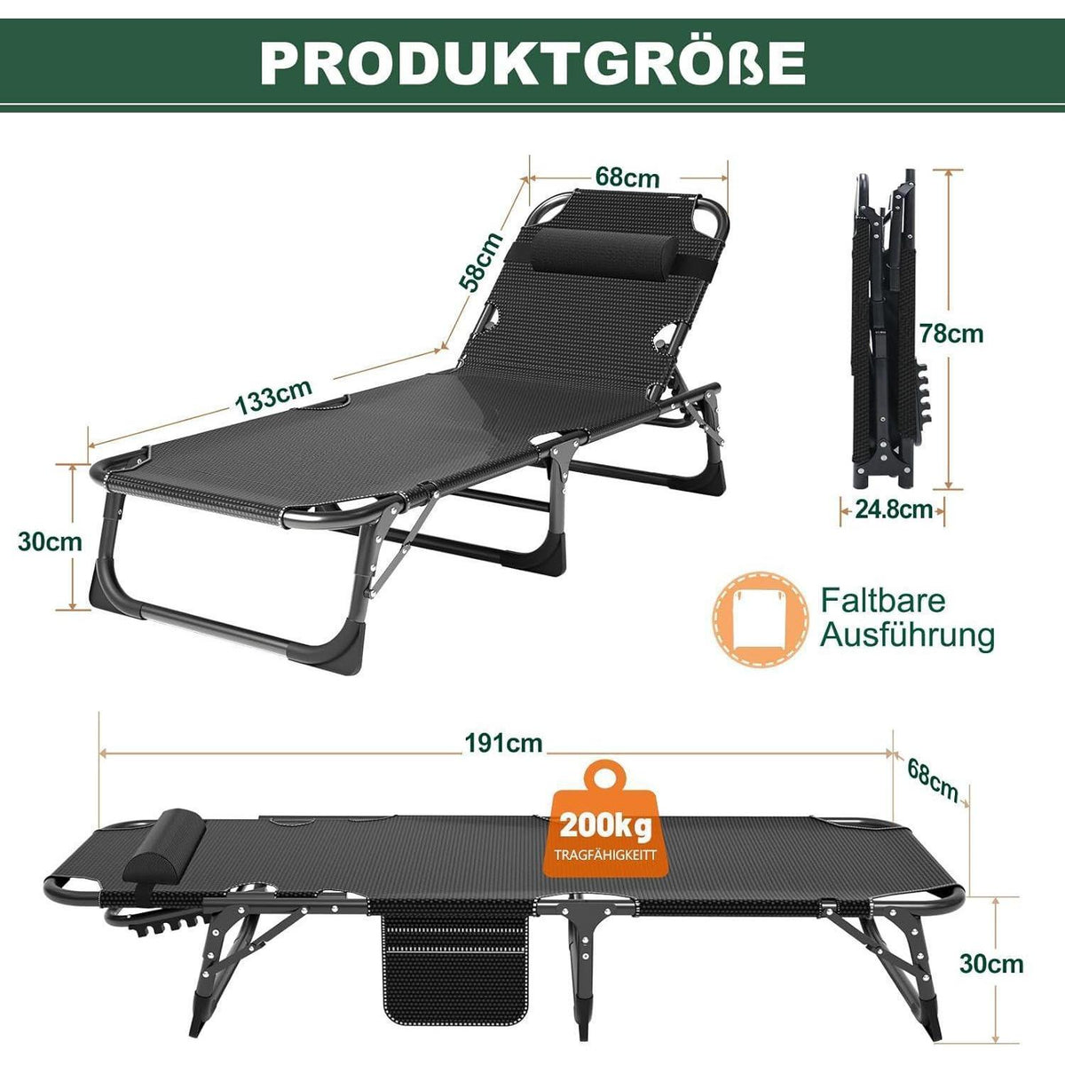 Klappbare Sonnenliege mit Matratze, 200kg belastbar, verstellbar