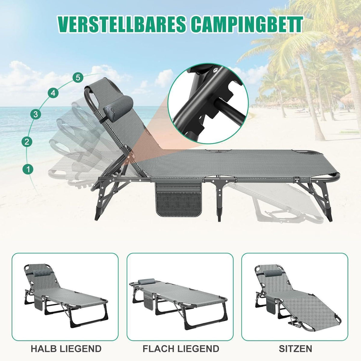 Klappbare Sonnenliege mit Matratze, 200kg belastbar, verstellbar