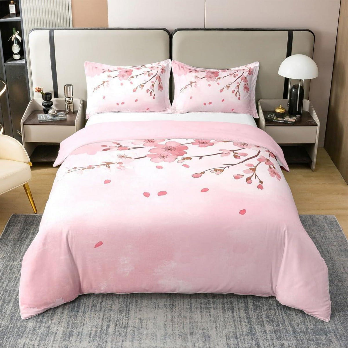 100% Baumwoll Bettbezug Set Japanische Blumen Rosa 200x200