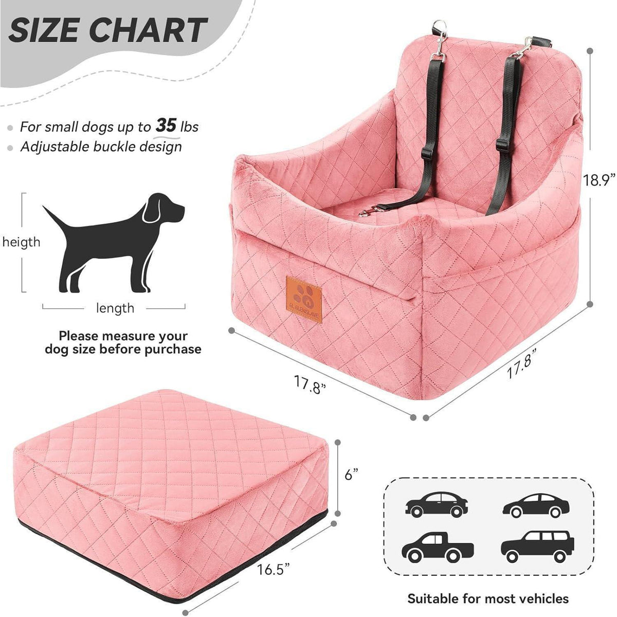 Hunde-Autositz gepolstert – Rosa, für kleine/mittelgroße Hunde