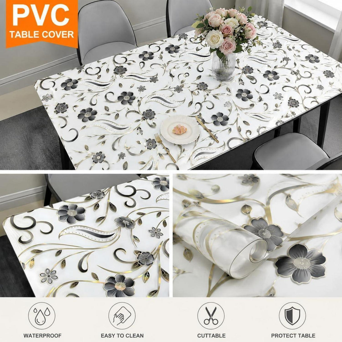 Tischfolie Transparent Blumenmuster 100x200 cm – Rutschfest & Kratzfest