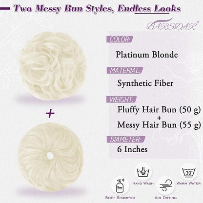 2x Messy Bun Haarteil Platinum Blond – Voluminöse Dutt Extensions