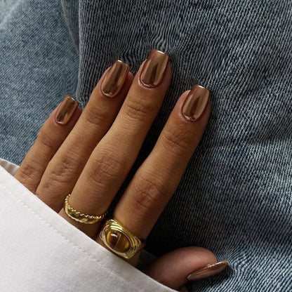 Chrome Press On Nails – Metallic Braun, Kurz & Glitzernd