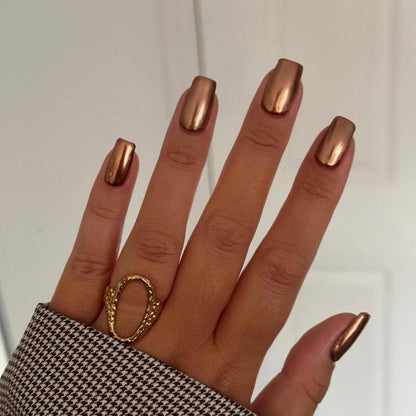Chrome Press On Nails – Metallic Braun, Kurz & Glitzernd