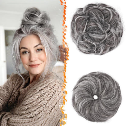 2x Messy Bun Haargummi – Dunkelbraun Grau Mix
