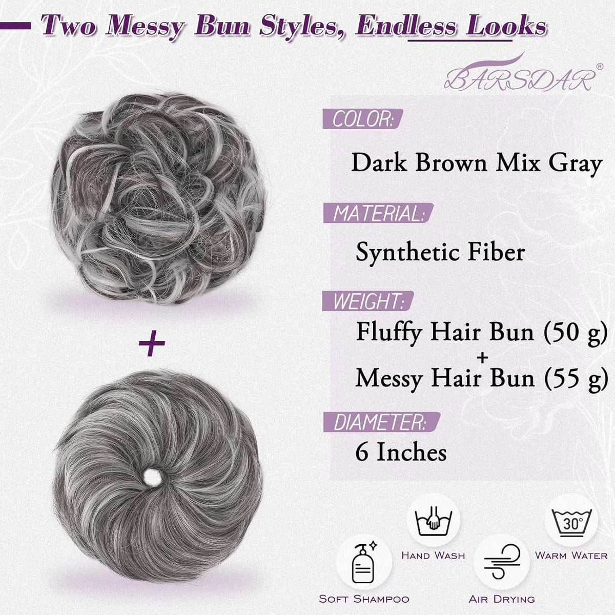 2x Messy Bun Haargummi – Dunkelbraun Grau Mix