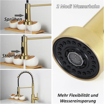 Küchenarmatur mit Brause, Edelstahl 304, 2 Modi, gebürstetes Gold