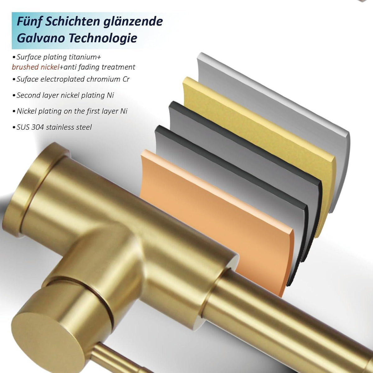 Küchenarmatur mit Brause, Edelstahl 304, 2 Modi, gebürstetes Gold