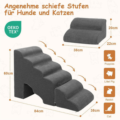 Hundetreppe 60cm – 6 Stufen für Bett & Sofa, Grau