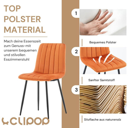 Samt Esszimmerstühle 2er Set – Gepolstert, Orange