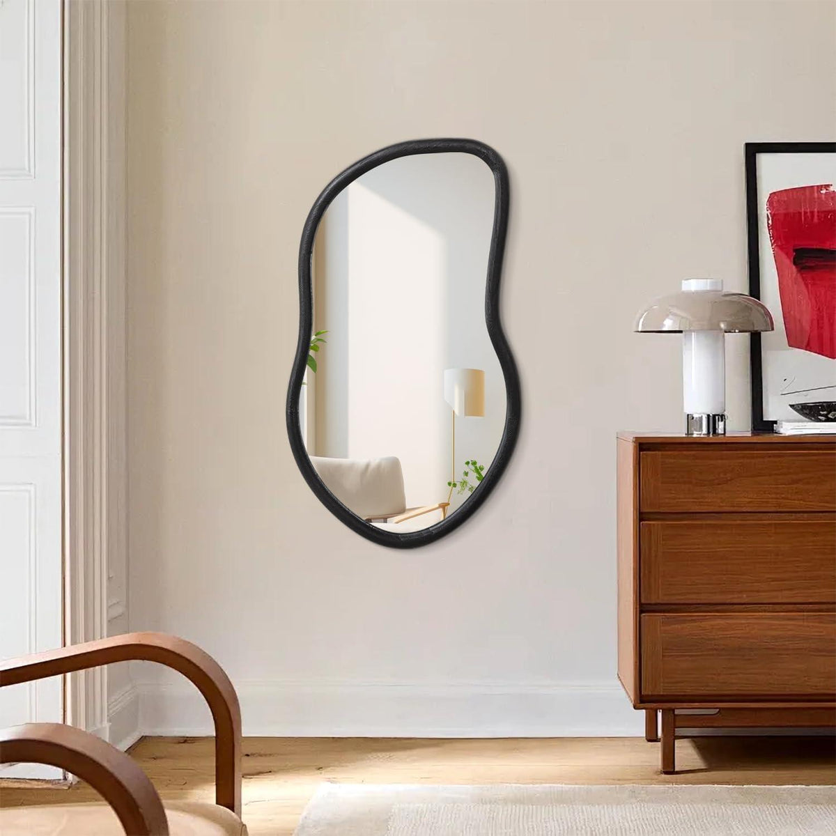 Asymmetrischer Wandspiegel Holzrahmen Schwarz – Moderner Badezimmer Spiegel