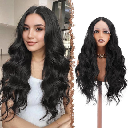Lange gewellte Lace Front Perücke – 70cm Schwarz
