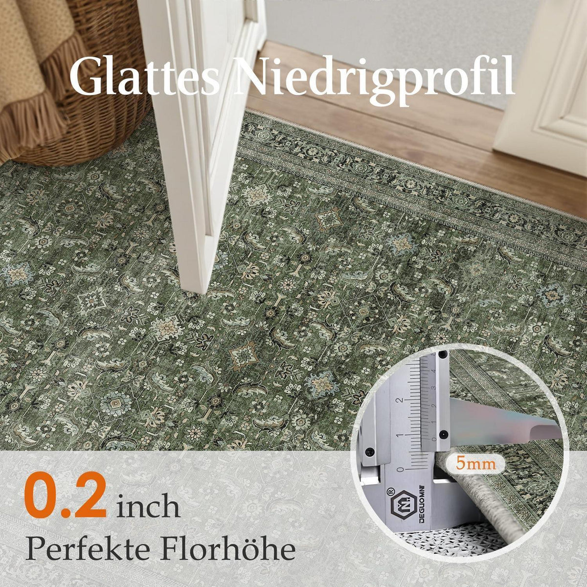 Vintage Teppich Grün 300x400cm – Waschbarer Retro Wohnteppich