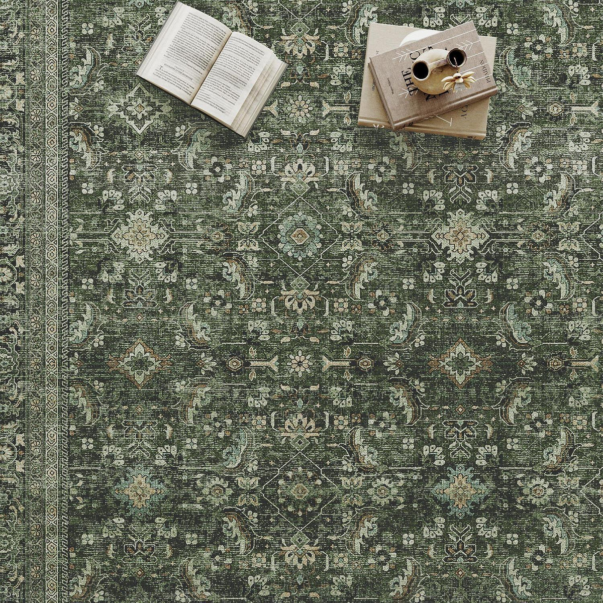 Vintage Teppich Grün 300x400cm – Waschbarer Retro Wohnteppich